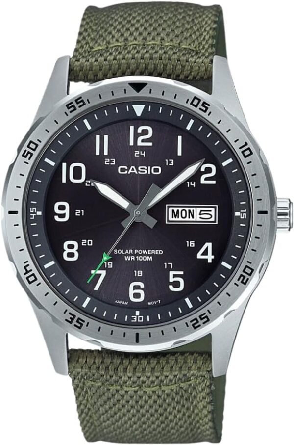 Casio MTPS120L Series | Unisex Analog Watch | 100M WR | Stainless Steel Case | 3 Hand Analog (HR, Min, SEC) | Date Display | Low Battery Alert | Military Styling | Solar Powered - Image 2