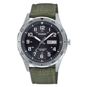 Casio MTPS120L Series | Unisex Analog Watch | 100M WR | Stainless Steel Case | 3 Hand Analog (HR, Min, SEC) | Date Display | Low Battery Alert | Military Styling | Solar Powered
