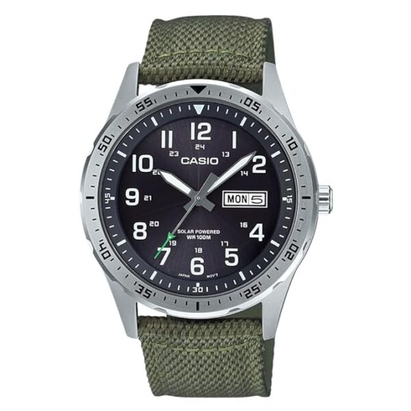 Casio MTPS120L Series | Unisex Analog Watch | 100M WR | Stainless Steel Case | 3 Hand Analog (HR, Min, SEC) | Date Display | Low Battery Alert | Military Styling | Solar Powered