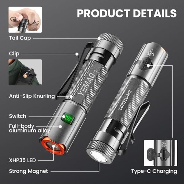 Rechargeable EDC Flashlight, Tail Magnetic Pocket-Sized Keychain Light, Super Bright 1500 Lumens, 5 Modes with IP6 Waterproof LED Torch for Camping Hiking Emergency - Image 3