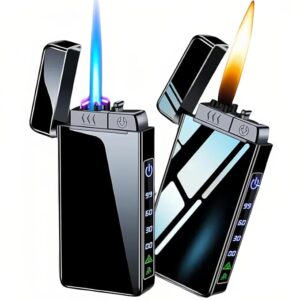 Torch Lighter, Butane Torch Open Flame Plasma Dual Arc 3-in-1 Lighter, USB Rechargeable Electric Lighters with Flashlight, Windproof Refillable Lighters (Without Fuel) (Black Ice)