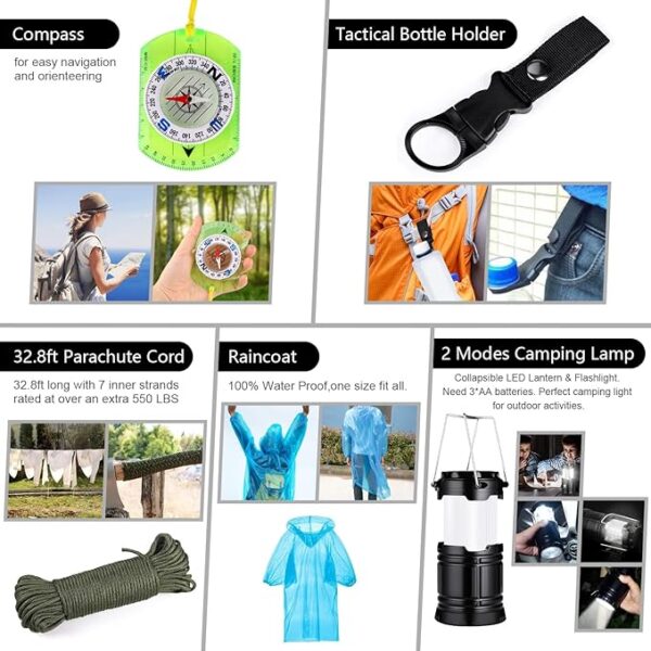 Emergency Survival Kit, 151 Pcs Survival Gear First Aid Kit, Outdoor Trauma Bag with Tactical Flashlight Knife Pliers Pen Blanket Bracelets Compass for Camping Earthquake or Adventures - Image 6