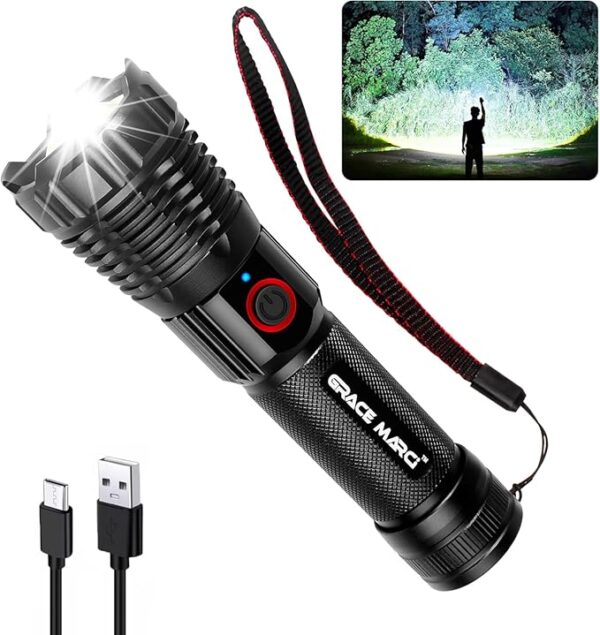 Super Bright Rechargeable Flashlights, High Lumen 500000 Lumens, LED Flashlight with 5 Modes, IP55 Waterproof, Powerful Handheld Light for Camping, Hiking, Emergency - Image 2