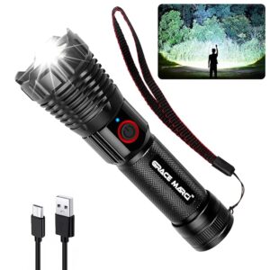 Super Bright Rechargeable Flashlights, High Lumen 500000 Lumens, LED Flashlight with 5 Modes, IP55 Waterproof, Powerful Handheld Light for Camping, Hiking, Emergency