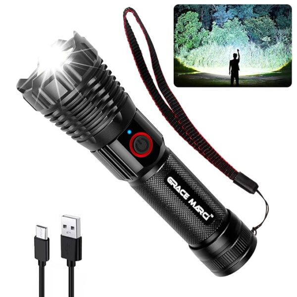 Super Bright Rechargeable Flashlights, High Lumen 500000 Lumens, LED Flashlight with 5 Modes, IP55 Waterproof, Powerful Handheld Light for Camping, Hiking, Emergency