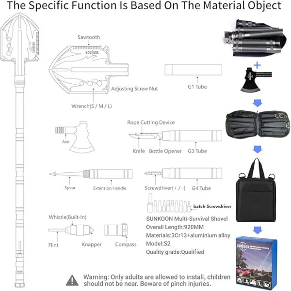 Survival Shovel Survival Axe, Camping Folding Shovels Hatchet with 19.2-37.8inch Lengthened Handle Enlarged Shovelhead High Carbon Steel with Storage Pouch for Camping Cycling Hiking - Image 4