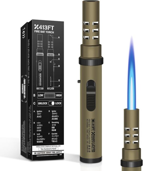 Camping Torch Lighter, Windproof Bright Fire Lighter with Safety Lock, Refillable Straight Flame Lighter with Adjustable Jet Flame for Tactical Outdoor Hiking Candles Kitchen BBQ Campfires (Brown) - Image 2