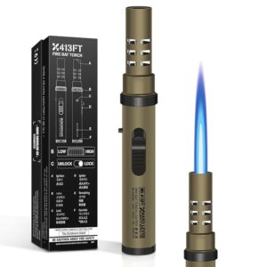 Camping Torch Lighter, Windproof Bright Fire Lighter with Safety Lock, Refillable Straight Flame Lighter with Adjustable Jet Flame for Tactical Outdoor Hiking Candles Kitchen BBQ Campfires (Brown)