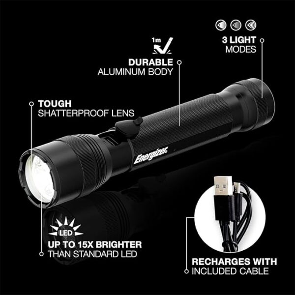 Energizer TacR-1000 LED Tactical Flashlight, Bright Rechargeable Flashlight for Emergencies and Camping Gear, Water Resistant Flashlight, USB Included, Pack of 1, Black - Image 3