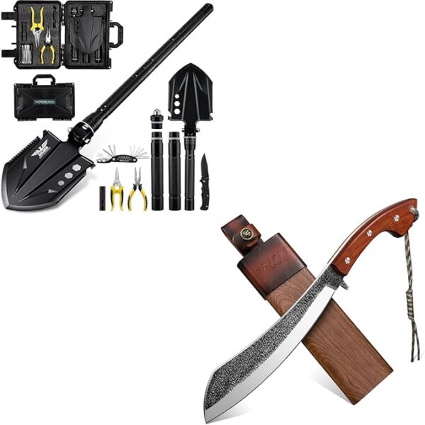 Golden Bird Survival Shovel Set and Parang Machete Knife Heavy Duty for Cutting Tress with Wooden Sheath - Image 2