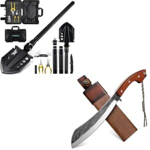 Golden Bird Survival Shovel Set and Parang Machete Knife Heavy Duty for Cutting Tress with Wooden Sheath