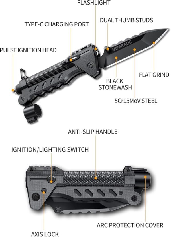 VIPERADE VAK6-S Survival Multitool with Folding Knife, LED Flashlight and Pulse Ignition, EDC Pocket Knife for men, Rechargeable Flashlight with Belt Sheath (Black) - Image 6