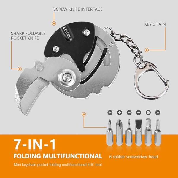 7-in-1 mini outdoor folding multifunctional tool - Small EDC Multitool with Screwdriver Set - portable pocket pendant -Compact Manual Tool (Silver stainless steel) - Image 3