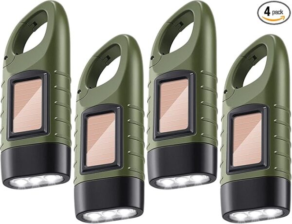 4 Pieces Hand Crank Solar Powered Flashlight LED Rechargeable Flashlight Survival Emergency Hand Crank Lantern Snap Carabiner Torch for Outdoor Sports Camping Hiking - Image 2