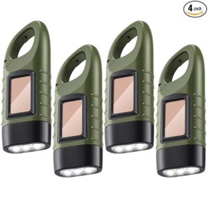 4 Pieces Hand Crank Solar Powered Flashlight LED Rechargeable Flashlight Survival Emergency Hand Crank Lantern Snap Carabiner Torch for Outdoor Sports Camping Hiking