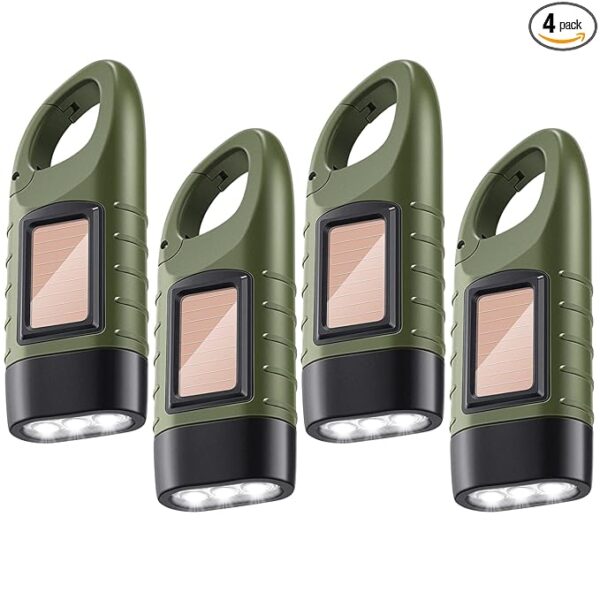 4 Pieces Hand Crank Solar Powered Flashlight LED Rechargeable Flashlight Survival Emergency Hand Crank Lantern Snap Carabiner Torch for Outdoor Sports Camping Hiking