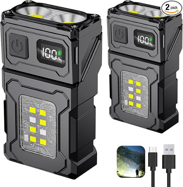 2PCS Mini LED EDC Tactical Flashlight - Multifunctional Outdoor Flashlight for Night Working, Running, Camping, Fishing, Hiking, USB C Charging Warning Flash Light Mobile Phone Emergency Power Bank - Image 2