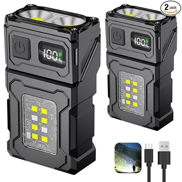 2PCS Mini LED EDC Tactical Flashlight - Multifunctional Outdoor Flashlight for Night Working, Running, Camping, Fishing, Hiking, USB C Charging Warning Flash Light Mobile Phone Emergency Power Bank