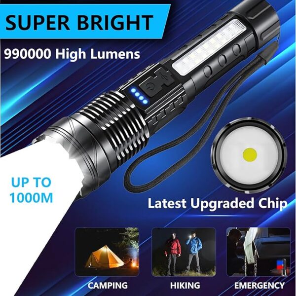 Rechargeable LED Flashlights, 990,000 Lumens Super Bright Handheld Flashlight, 7 Modes with COB Work Light, IPX6 Waterproof, Adjustable Tactical Flash Light for Home,Camping and Emergencies-2 Pack - Image 3