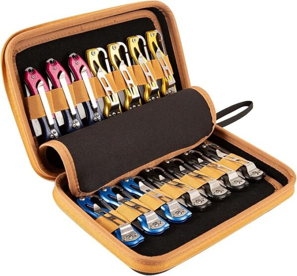 HERSENT Pocket Knife Display Case,Knife Storage Organizer,14 Slots Folding Knife Storage Case,Small Knife Collection Carrier Bag for Survival Tactical Outdoor EDC Mini Knife (Black+Brown) - Image 2