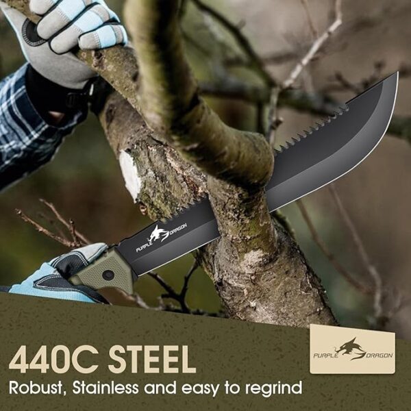 Purple Dragon Large Knife Outdoor Hatchet Axe Set with Sheath, Full Tang Splitting Axe Made from a Single Piece of D2 Steel, Camping Survival for Wood Cutting, Hunting Knife Gifts for Men - Image 3