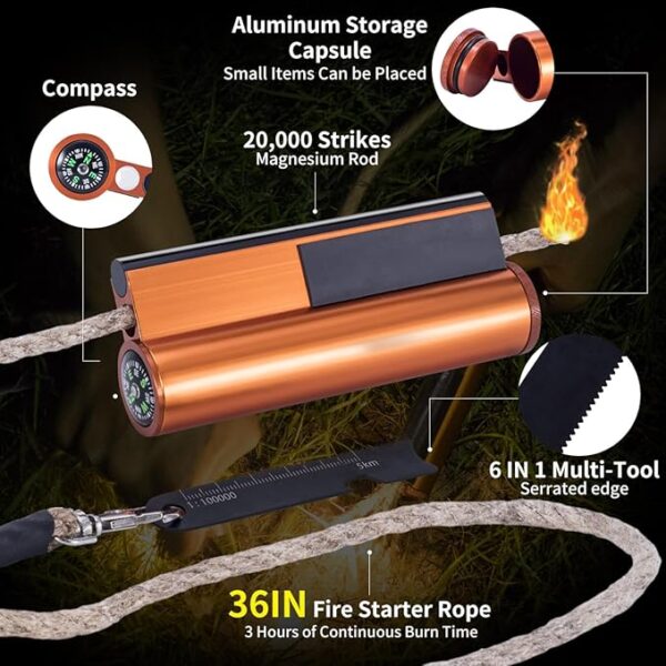 Fire Starter with Compass, Survival Tool Fire Starter Kit, Waterproof Tinder Wick Rope Fire Starter, All-Weather Magnesium Ferro Rod Fire Starter - Image 4