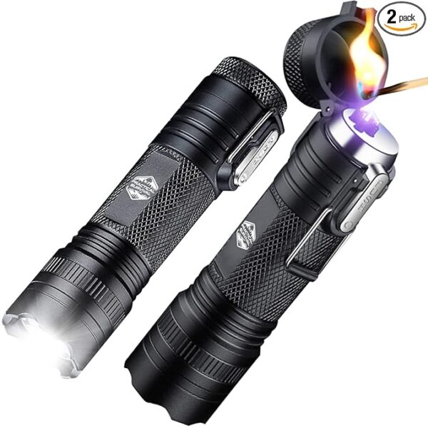 LED Emergency Tactical Flashlight Plasma Lighter Combo, 2-Pack, Water Resistant, Wind Resistant, Rechargeable, Compact, 2-in-1 Tool, Tactical Black