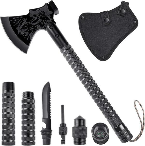 Survival Axe 10 in 1, Outdoor Adventure Tactical Axe, Sharp Camping Hatchet with Outdoor Knife, Compass and Hammer, Multi-Purpose Tool for Forest Travel, Hunting and Camping - Image 2