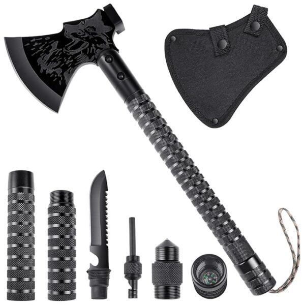 Survival Axe 10 in 1, Outdoor Adventure Tactical Axe, Sharp Camping Hatchet with Outdoor Knife, Compass and Hammer, Multi-Purpose Tool for Forest Travel, Hunting and Camping