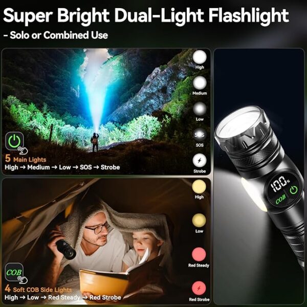 Rechargeable Flashlights High Lumens LED Super Bright Torch Magnetic Tactical Flashlight with COB SideLight,Zoomable,Waterproof Linternas with LCD Digital Display for Camping Home Emergency Gift - Image 4