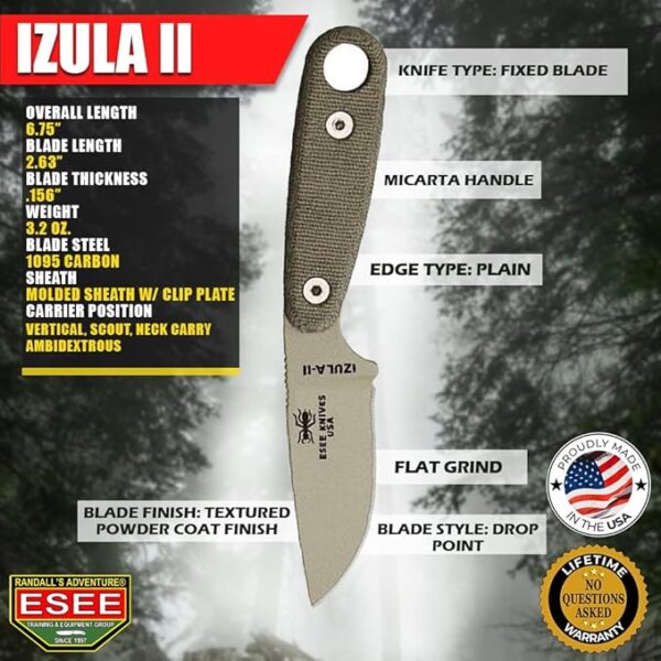 ESEE Izula-II Fixed Blade Knife, Survival Kit, Ambidextrous Sheath, Belt Clip, Made In USA (Desert Tan Blade/Black Sheath/Survival Kit) - Image 5