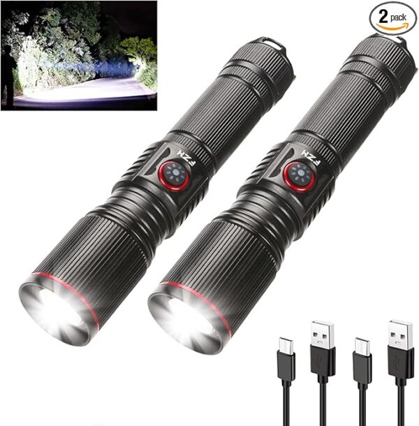 FZH Flashlights High Lumens Rechargeable 2PC 10000LM LED Infinitely Dimmable Super Bright USB Flash Light Powerful Handheld Tactical Torch, 5 Modes, Waterproof for Outdoor Emergencies Camping - Image 2