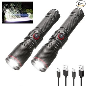 FZH Flashlights High Lumens Rechargeable 2PC 10000LM LED Infinitely Dimmable Super Bright USB Flash Light Powerful Handheld Tactical Torch, 5 Modes, Waterproof for Outdoor Emergencies Camping
