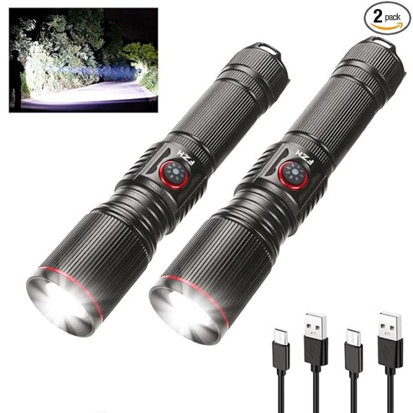 FZH Flashlights High Lumens Rechargeable 2PC 10000LM LED Infinitely Dimmable Super Bright USB Flash Light Powerful Handheld Tactical Torch, 5 Modes, Waterproof for Outdoor Emergencies Camping