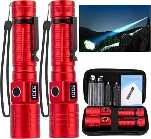 LED Flashlight, High Powered 50000 Lumens Super Bright Tactical Flashlight, Rechargeable Flashlights High Lumens, 6 Modes Zoomable Waterproof Flash Lights for Emergency, Camping, Hiking (2 Red) - Image 2