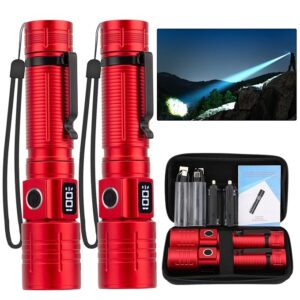 LED Flashlight, High Powered 50000 Lumens Super Bright Tactical Flashlight, Rechargeable Flashlights High Lumens, 6 Modes Zoomable Waterproof Flash Lights for Emergency, Camping, Hiking (2 Red)