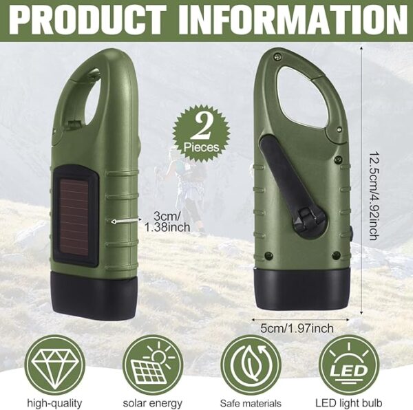 2 Pieces Hand Crank Solar Powered Flashlight Emergency Rechargeable LED Survival Light Dynamo Flashlight Torch for Outdoor Sports Hiking Camping - Image 3