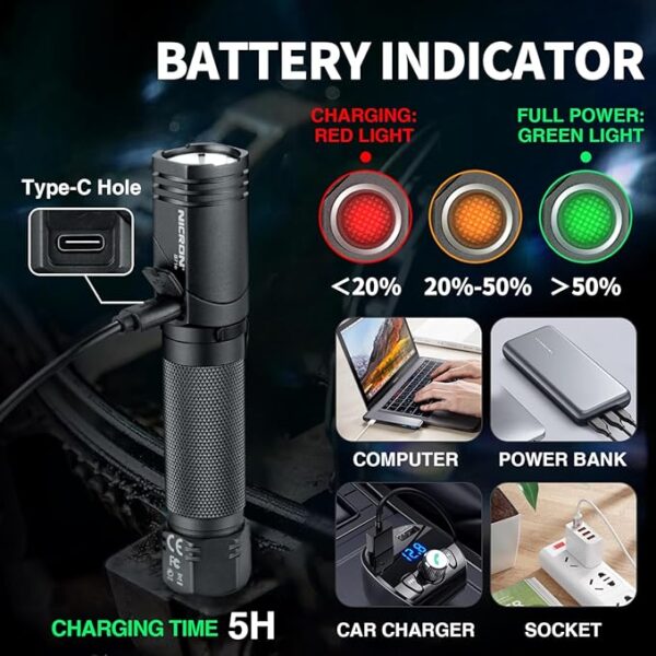 1300 Lumens Rechargeable Magnetic Flashlight, 6 Modes LED 90 Degree Flashlight Twist IP65 Waterproof High Bright EDC Pocket Torch, Tactical Flashlight for Camping, Emergency, Repair, Outdoor - Image 4