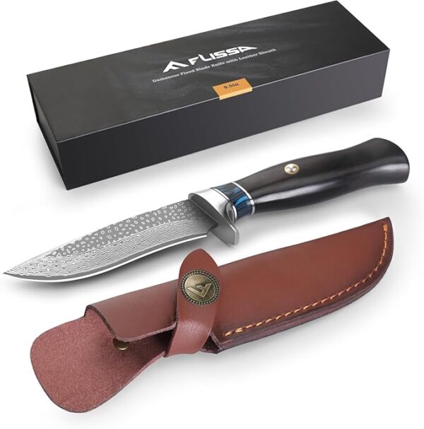 FLISSA Damascus Hunting Knife, 9.5 Inch Fixed Blade with Leather Sheath, Survival Knife with Black Sandalwood Handle for Camping, Hiking, Great Gifts - Image 2