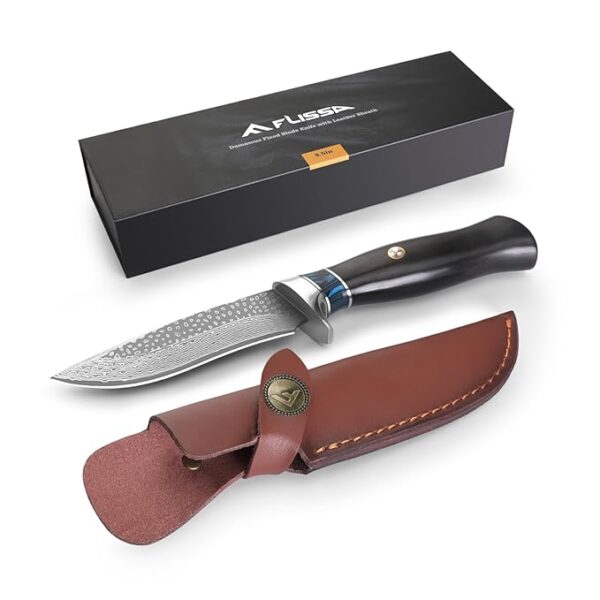 FLISSA Damascus Hunting Knife, 9.5 Inch Fixed Blade with Leather Sheath, Survival Knife with Black Sandalwood Handle for Camping, Hiking, Great Gifts