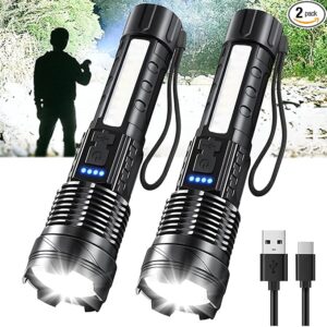 Rechargeable LED Flashlights, 990,000 Lumens Super Bright Handheld Flashlight, 7 Modes with COB Work Light, IPX6 Waterproof, Adjustable Tactical Flash Light for Home,Camping and Emergencies-2 Pack