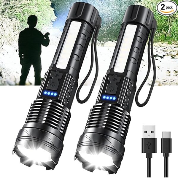 Rechargeable LED Flashlights, 990,000 Lumens Super Bright Handheld Flashlight, 7 Modes with COB Work Light, IPX6 Waterproof, Adjustable Tactical Flash Light for Home,Camping and Emergencies-2 Pack