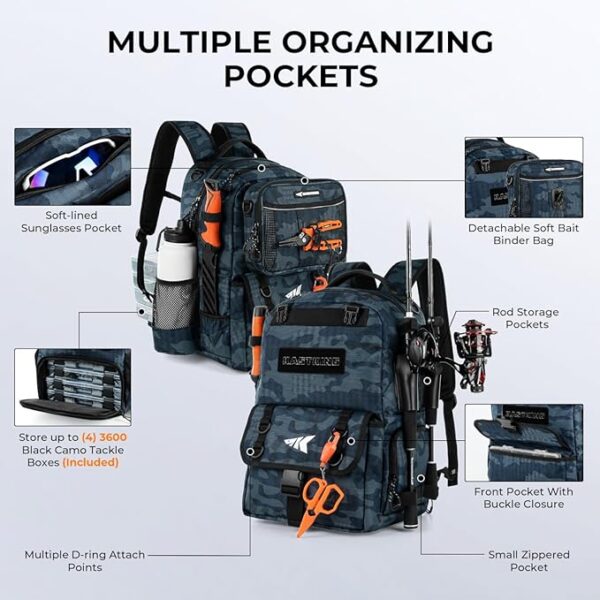 KastKing BaitSpace 50L Fishing Tackle Backpack with Removable Bait Binder & 4 Tackle Boxes, Rod Holders Storage Fishing Gear - Image 5