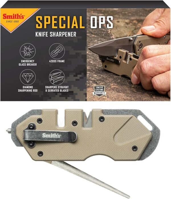 Smithâs Pocket Pal Tactical Knife Sharpener - 2 Stage Sharpener & Diamond Sharpening Rod - Pocket Clip - Outdoor Hunting Knife & Hook Sharpener - Compact & Lightweight - Image 2