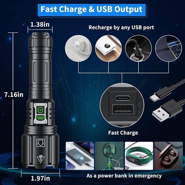 Super Bright Rechargeable Flashlight 4200.000 High Lumens,Led Powerful Flashlights with 6 Modes,High Powered Flashlight with IP67 Waterproof,Tactical Emergency Flashlight (18.5, Watt Hours) - Image 6