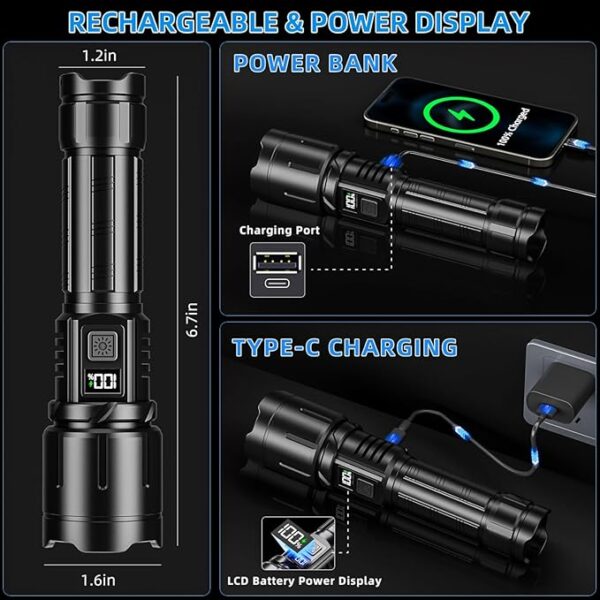 Rechargeable Flashlight High Lumen, 2000LM LED Super Bright Flash Light, Tactical Flashlights with LCD Power Display, 6 Lighting Modes, Waterproof, Powerful Flashlight for Emergencies Camping - Image 6