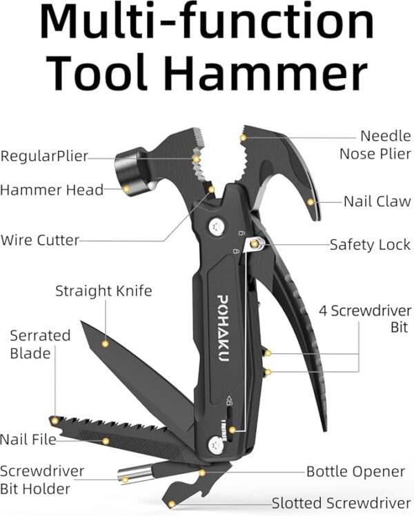 Pohaku 14-in-1 Multitool Hammer, Pohaku Multitool with DIY Stickers, Safety Lock, Screwdriver Bits Set and Durable Nylon Sheath, Multi Tool for Outdoor, Ideal Gifts for Father, Husband, Boyfriend - Image 6