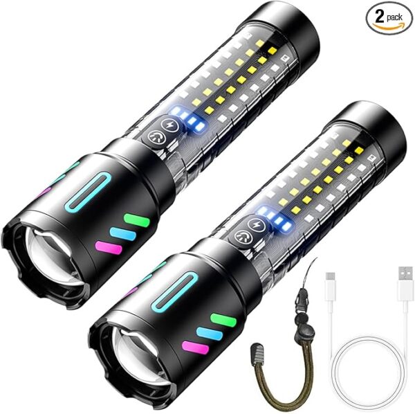 2 Pack High Powered Flashlight, Flashlights High Lumens 5000, Led Super Bright Flashlight, Rechargeable with Large Side Lights, Adjustable, Waterproof, for Emergencies, Camping, Hiking - Image 2