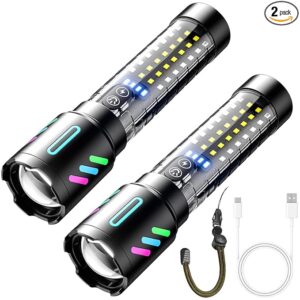 2 Pack High Powered Flashlight, Flashlights High Lumens 5000, Led Super Bright Flashlight, Rechargeable with Large Side Lights, Adjustable, Waterproof, for Emergencies, Camping, Hiking