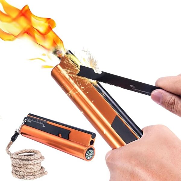 Flint and Steel Fire Starter Kit 7-in-1 Ferro Rod Fire Steel Bushcraft Equipment, Portable Survival Magnesium Kit with 36" Waterproof Wick Rope, Multi Tool Scraper, Compass for Camping Hiking - Image 2